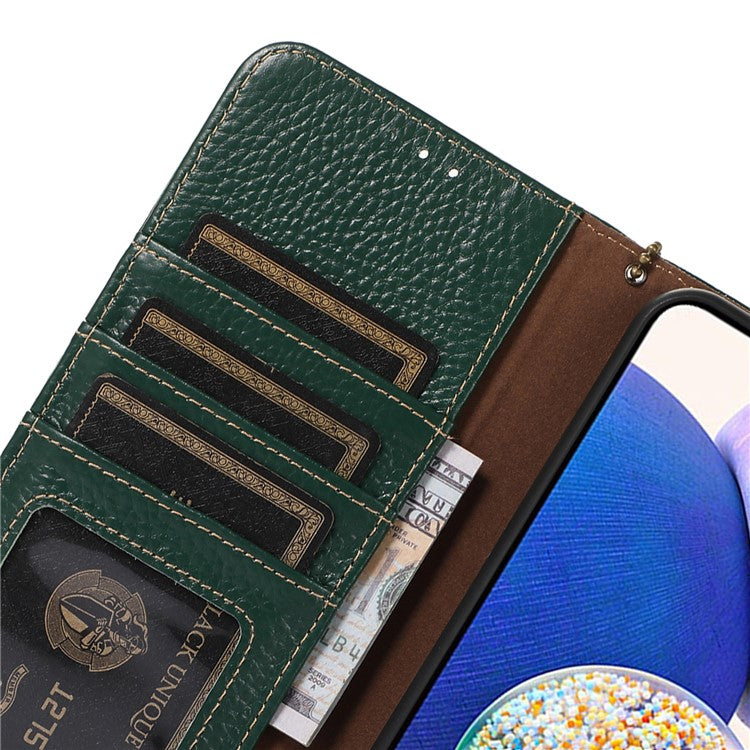 Wallet Case for Motorola Moto G73 5G Genuine Cow Leather Phone Cover Litchi Texture RFID Blocking Stand Wallet Phone Case - Green