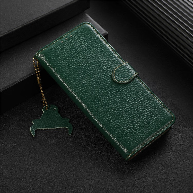 Wallet Case for Motorola Moto G73 5G Genuine Cow Leather Phone Cover Litchi Texture RFID Blocking Stand Wallet Phone Case - Green