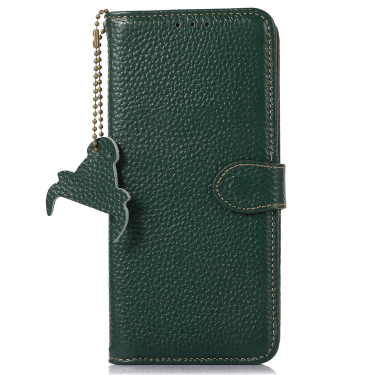 Wallet Case for Motorola Moto G73 5G Genuine Cow Leather Phone Cover Litchi Texture RFID Blocking Stand Wallet Phone Case - Green