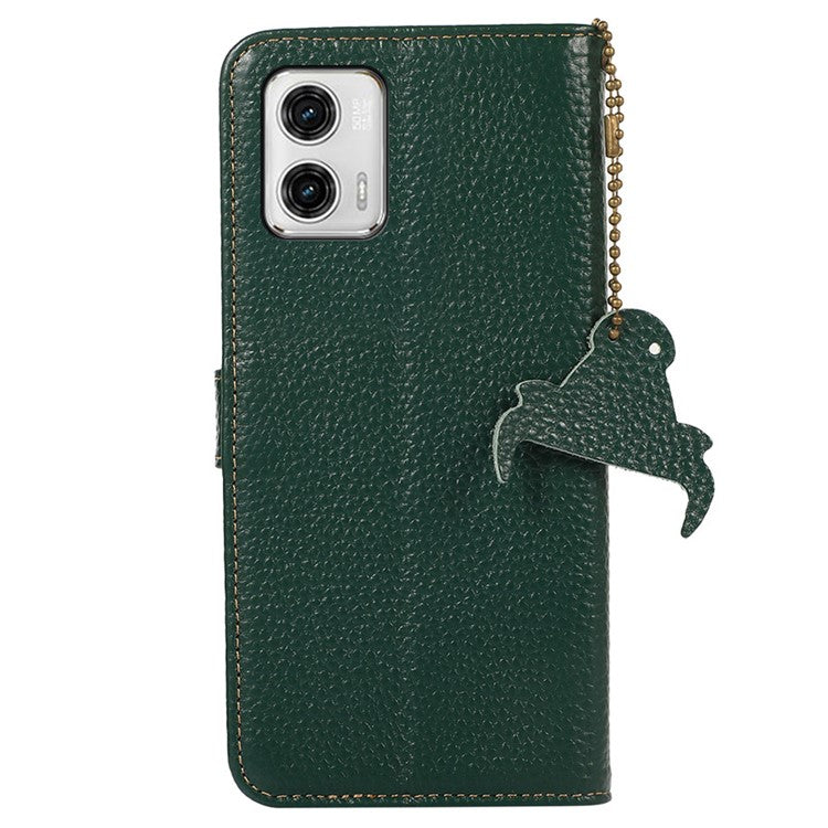 Wallet Case for Motorola Moto G73 5G Genuine Cow Leather Phone Cover Litchi Texture RFID Blocking Stand Wallet Phone Case - Green