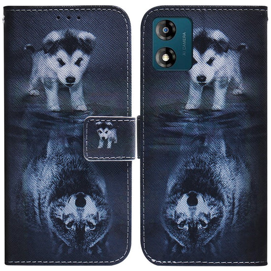 Wallet Phone Case for Motorola Moto E13 4G Pattern Printing Anti-Drop Leather Cover - Dog and Wolf