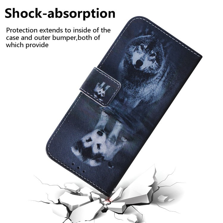 Wallet Phone Case for Motorola Moto E13 4G Pattern Printing Anti-Drop Leather Cover - Dog and Wolf
