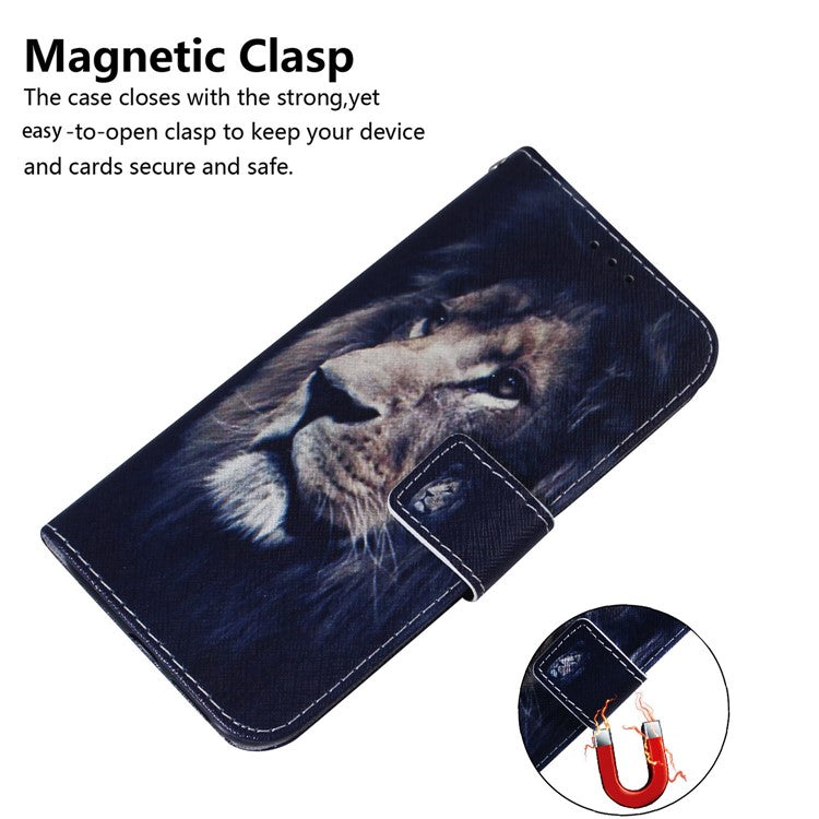 Wallet Phone Case for Motorola Moto E13 4G Pattern Printing Anti-Drop Leather Cover - Lion