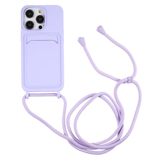 Phone Case for iPhone 14 Pro Liquid Silicone Cover Anti-Scratch Shockproof Case with Card Slot, Strap - Purple
