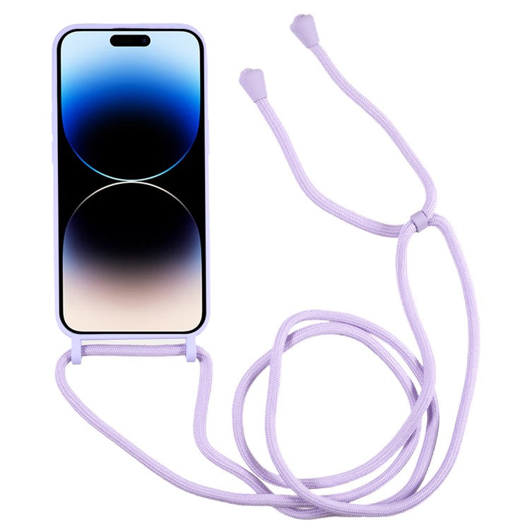 Phone Case for iPhone 14 Pro Liquid Silicone Cover Anti-Scratch Shockproof Case with Card Slot, Strap - Purple