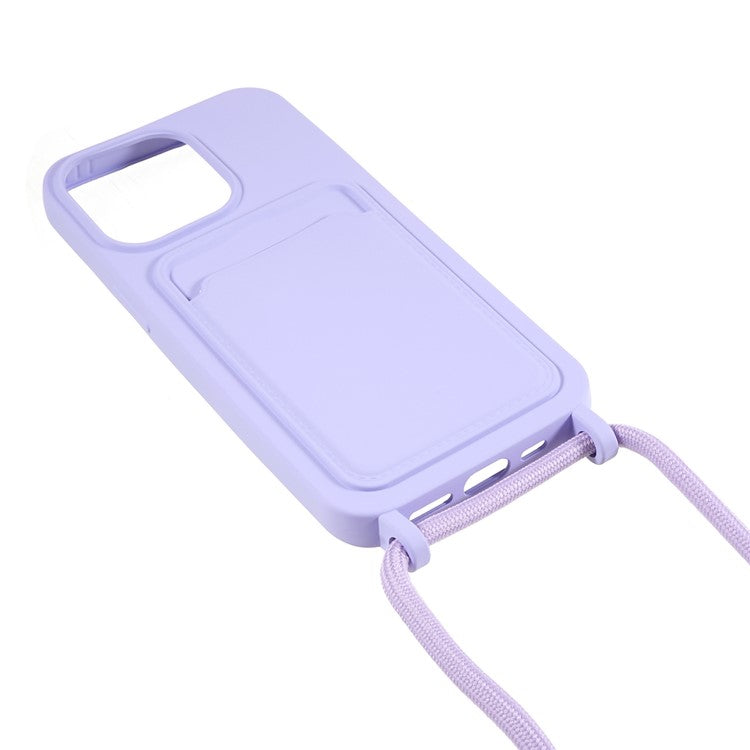 Phone Case for iPhone 14 Pro Liquid Silicone Cover Anti-Scratch Shockproof Case with Card Slot, Strap - Purple
