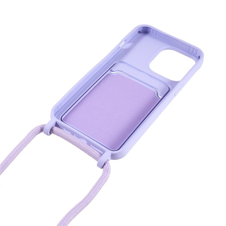 Phone Case for iPhone 14 Pro Liquid Silicone Cover Anti-Scratch Shockproof Case with Card Slot, Strap - Purple