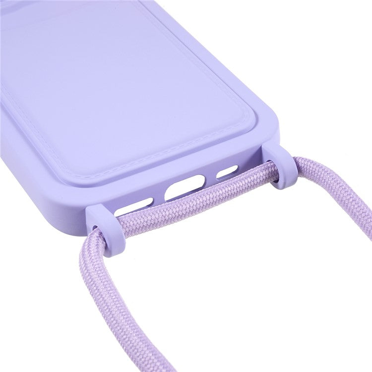 Phone Case for iPhone 14 Pro Liquid Silicone Cover Anti-Scratch Shockproof Case with Card Slot, Strap - Purple