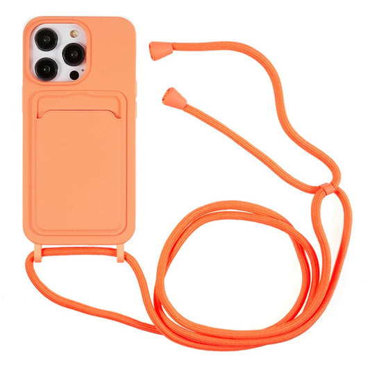 Phone Case for iPhone 14 Pro Liquid Silicone Cover Anti-Scratch Shockproof Case with Card Slot, Strap - Orange