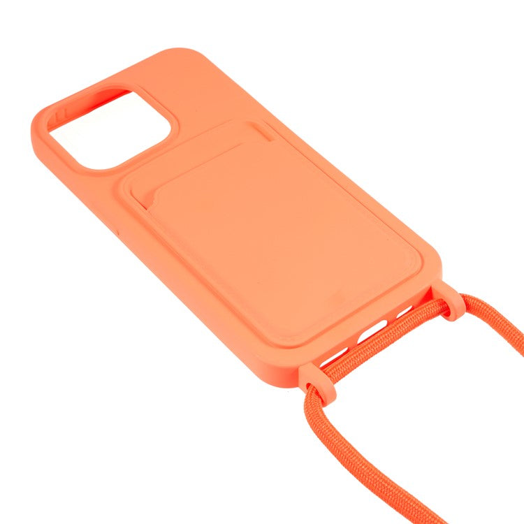 Phone Case for iPhone 14 Pro Liquid Silicone Cover Anti-Scratch Shockproof Case with Card Slot, Strap - Orange