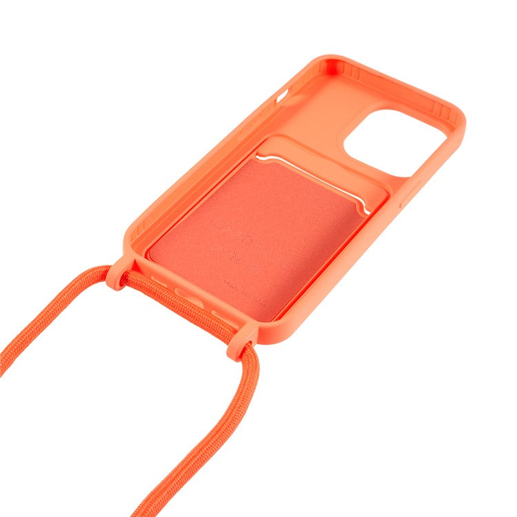 Phone Case for iPhone 14 Pro Liquid Silicone Cover Anti-Scratch Shockproof Case with Card Slot, Strap - Orange