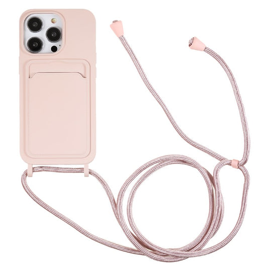 Shockproof Case for iPhone 14 Pro Max Liquid Silicone Cover Anti-Drop Phone Case with Card Slot, Strap - Pink