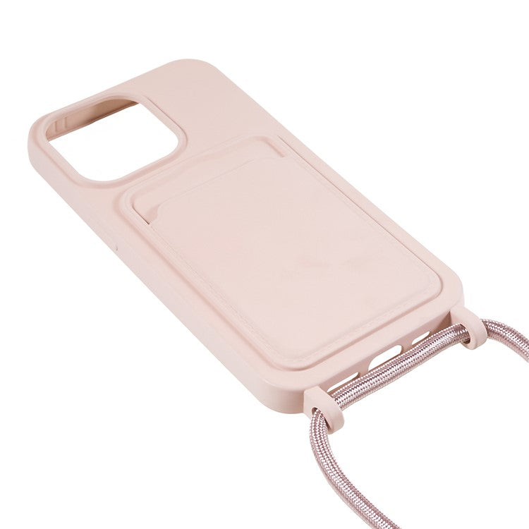 Shockproof Case for iPhone 14 Pro Max Liquid Silicone Cover Anti-Drop Phone Case with Card Slot, Strap - Pink