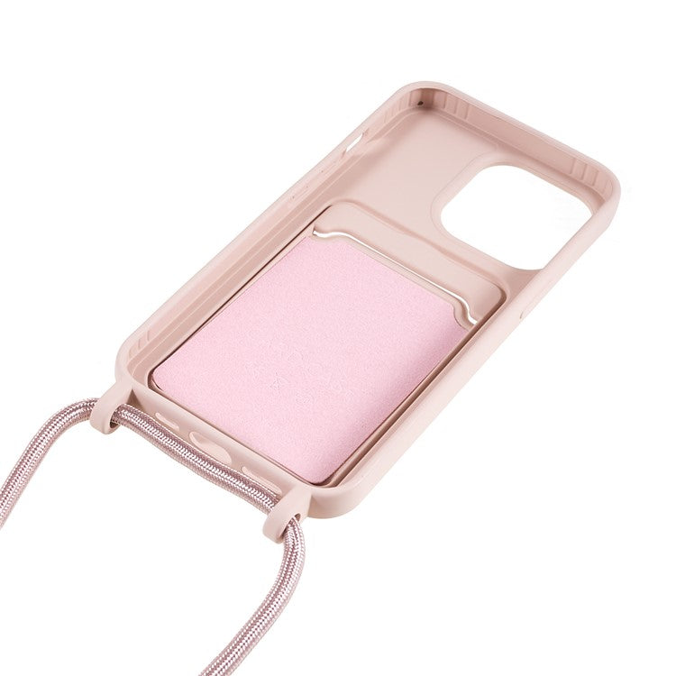 Shockproof Case for iPhone 14 Pro Max Liquid Silicone Cover Anti-Drop Phone Case with Card Slot, Strap - Pink