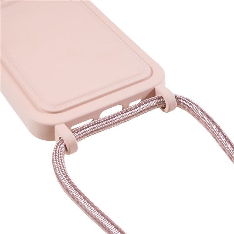 Shockproof Case for iPhone 14 Pro Max Liquid Silicone Cover Anti-Drop Phone Case with Card Slot, Strap - Pink