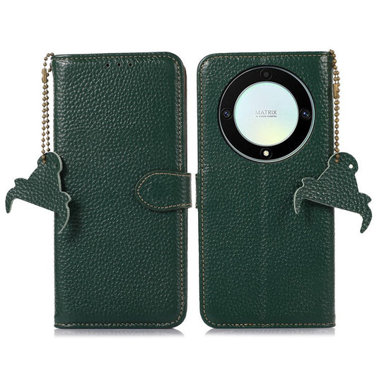 For Honor X9a 5G / Magic5 Lite 5G / X40 5G Genuine Cow Leather Cover Litchi Texture RFID Blocking Stand Wallet Case - Green