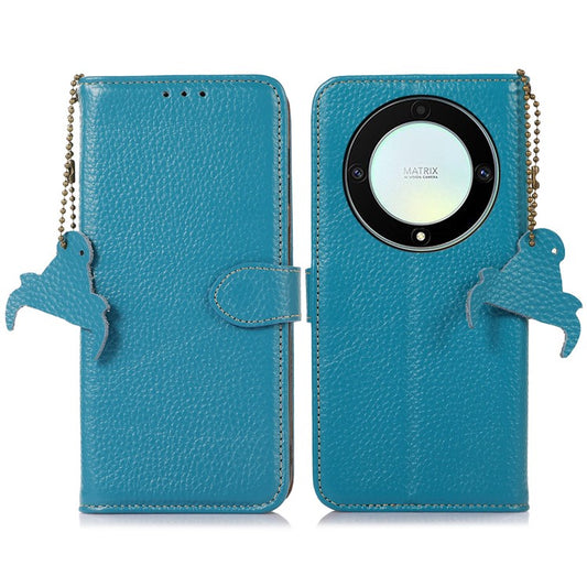For Honor X9a 5G / Magic5 Lite 5G / X40 5G Genuine Cow Leather Cover Litchi Texture RFID Blocking Stand Wallet Case - Blue