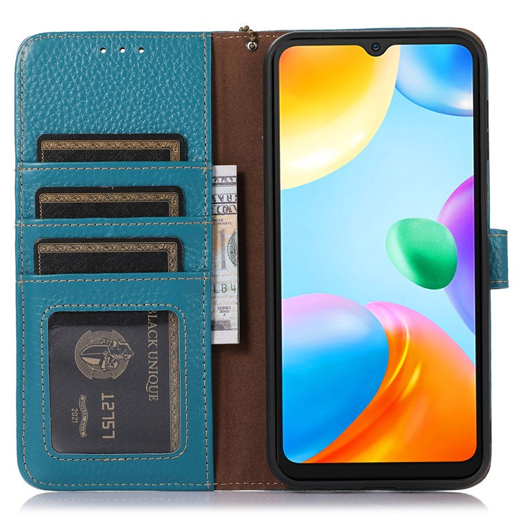 For Honor X9a 5G / Magic5 Lite 5G / X40 5G Genuine Cow Leather Cover Litchi Texture RFID Blocking Stand Wallet Case - Blue