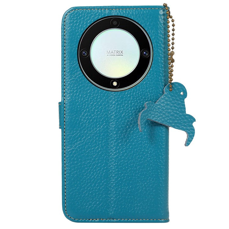 For Honor X9a 5G / Magic5 Lite 5G / X40 5G Genuine Cow Leather Cover Litchi Texture RFID Blocking Stand Wallet Case - Blue