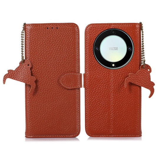 For Honor X9a 5G / Magic5 Lite 5G / X40 5G Genuine Cow Leather Cover Litchi Texture RFID Blocking Stand Wallet Case - Brown