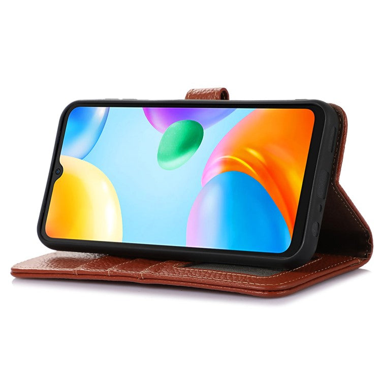 For Honor X9a 5G / Magic5 Lite 5G / X40 5G Genuine Cow Leather Cover Litchi Texture RFID Blocking Stand Wallet Case - Brown