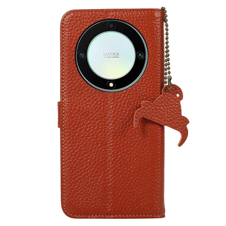 For Honor X9a 5G / Magic5 Lite 5G / X40 5G Genuine Cow Leather Cover Litchi Texture RFID Blocking Stand Wallet Case - Brown