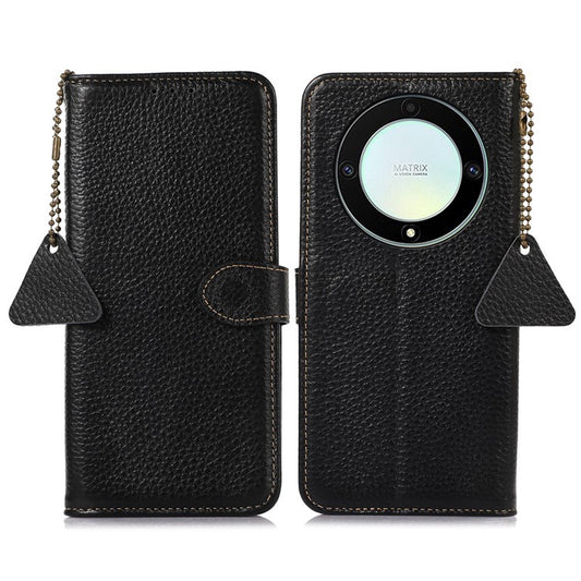 For Honor X9a 5G / Magic5 Lite 5G / X40 5G Genuine Cow Leather Cover Litchi Texture RFID Blocking Stand Wallet Case - Black