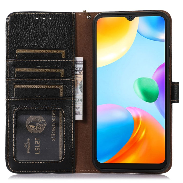 For Honor X9a 5G / Magic5 Lite 5G / X40 5G Genuine Cow Leather Cover Litchi Texture RFID Blocking Stand Wallet Case - Black