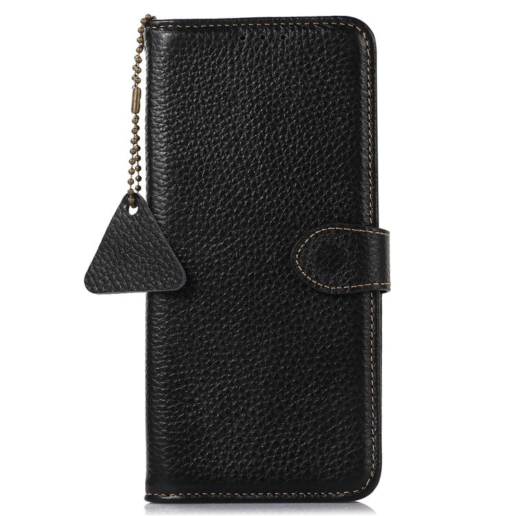 For Honor X9a 5G / Magic5 Lite 5G / X40 5G Genuine Cow Leather Cover Litchi Texture RFID Blocking Stand Wallet Case - Black