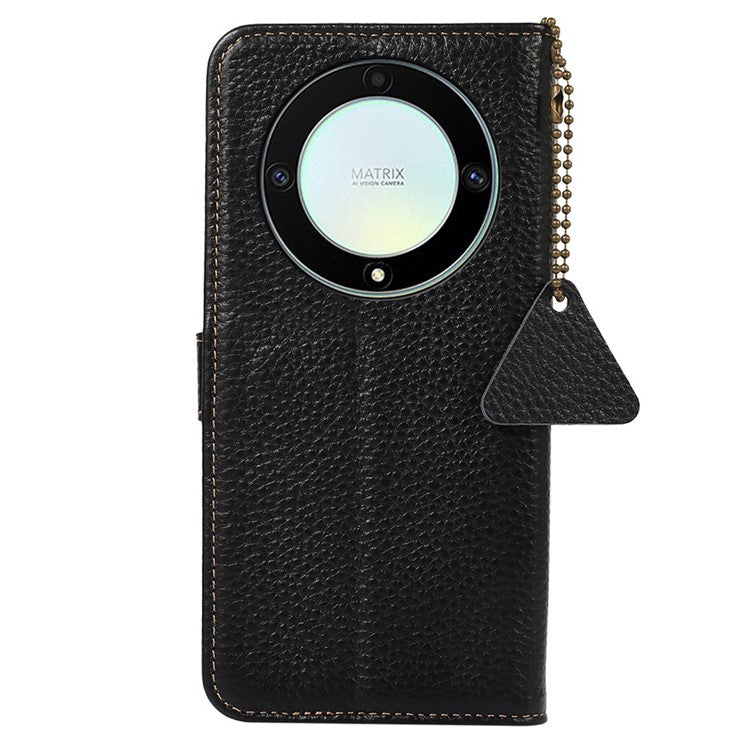 For Honor X9a 5G / Magic5 Lite 5G / X40 5G Genuine Cow Leather Cover Litchi Texture RFID Blocking Stand Wallet Case - Black