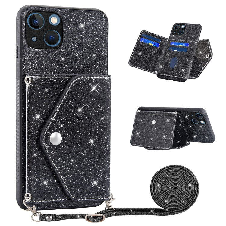 Triangle Card Holder Back Shell for iPhone 14 Plus Anti-drop Kickstand PU Leather+TPU Phone Cover - Black