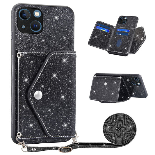 Triangle Card Holder Back Shell for iPhone 14 Plus Anti-drop Kickstand PU Leather+TPU Phone Cover - Black