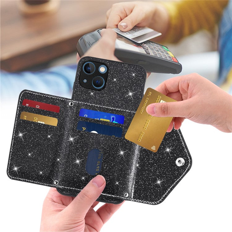 Triangle Card Holder Back Shell for iPhone 14 Plus Anti-drop Kickstand PU Leather+TPU Phone Cover - Black