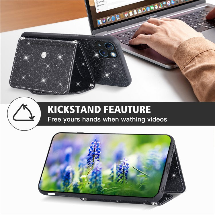Triangle Card Holder Back Shell for iPhone 14 Plus Anti-drop Kickstand PU Leather+TPU Phone Cover - Black