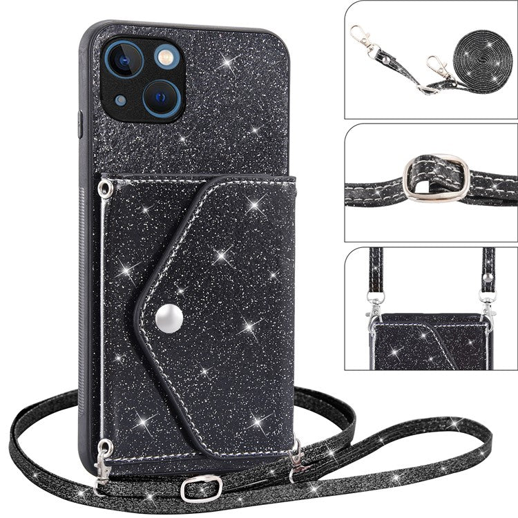 Triangle Card Holder Back Shell for iPhone 14 Plus Anti-drop Kickstand PU Leather+TPU Phone Cover - Black