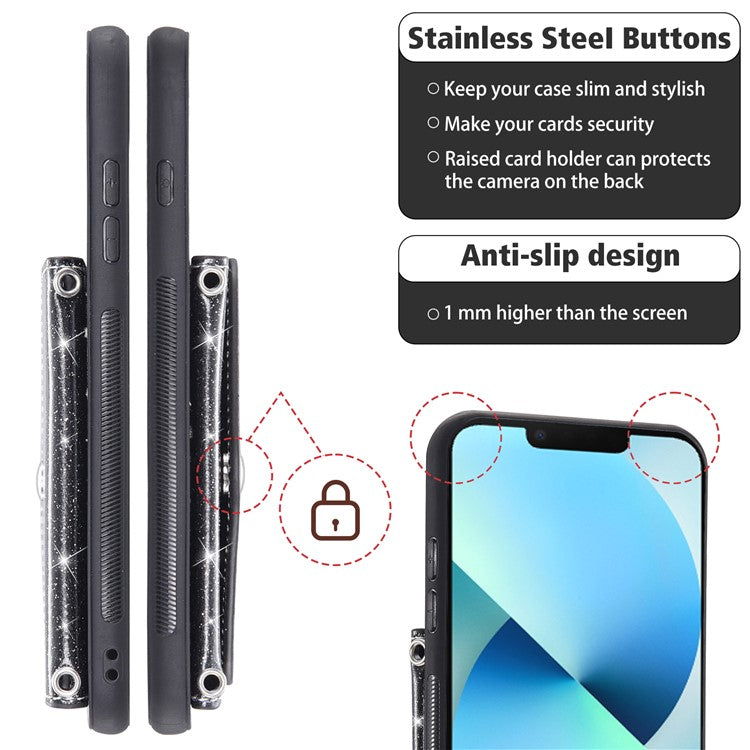 Triangle Card Holder Back Shell for iPhone 14 Plus Anti-drop Kickstand PU Leather+TPU Phone Cover - Black