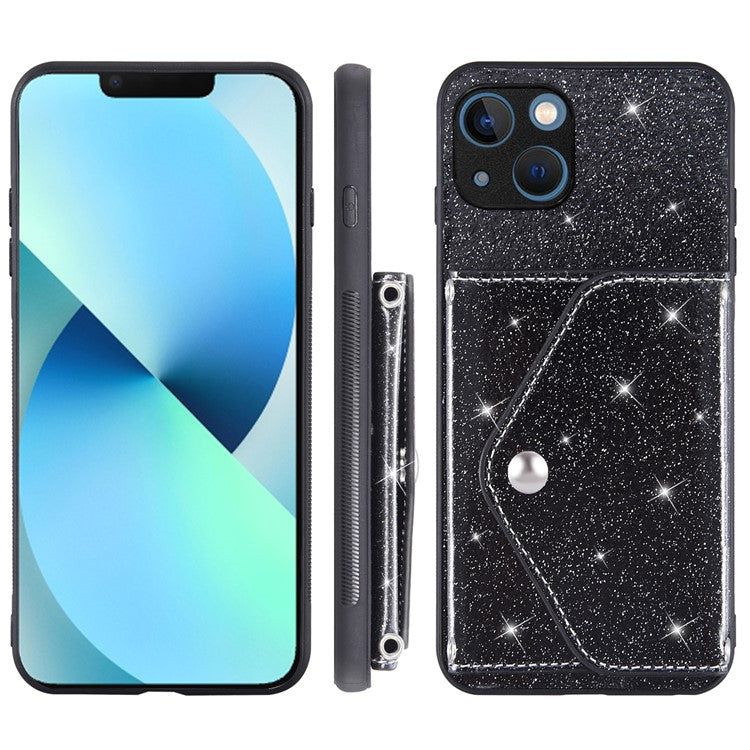 Triangle Card Holder Back Shell for iPhone 14 Plus Anti-drop Kickstand PU Leather+TPU Phone Cover - Black