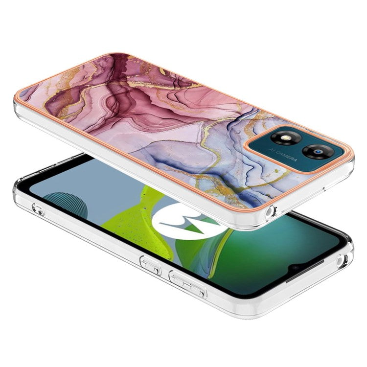 TPU Phone Case for Motorola Moto E13 4G , YB IMD Series-16 Style E Marble Pattern 2.0mm Electroplating IMD Phone Cover - Rose Gold