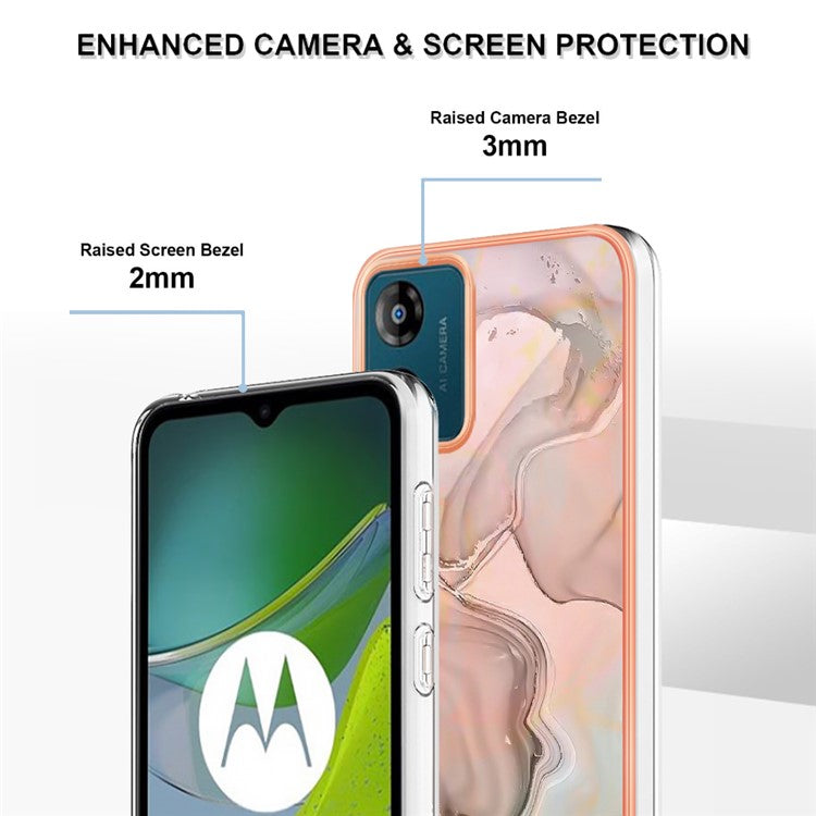 TPU Phone Case for Motorola Moto E13 4G , YB IMD Series-16 Style E Marble Pattern 2.0mm Electroplating IMD Phone Cover - Pink