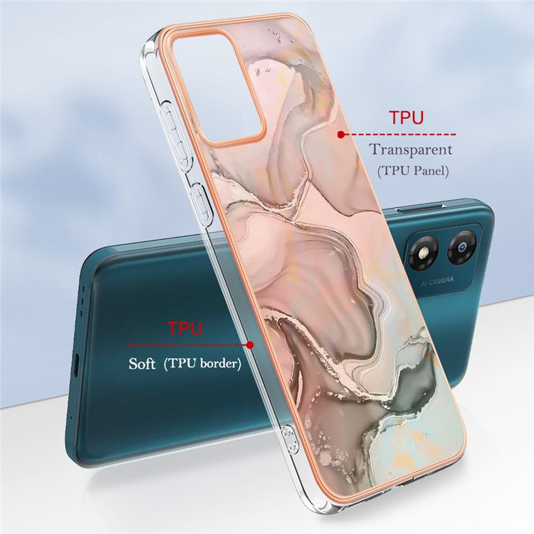 TPU Phone Case for Motorola Moto E13 4G , YB IMD Series-16 Style E Marble Pattern 2.0mm Electroplating IMD Phone Cover - Pink