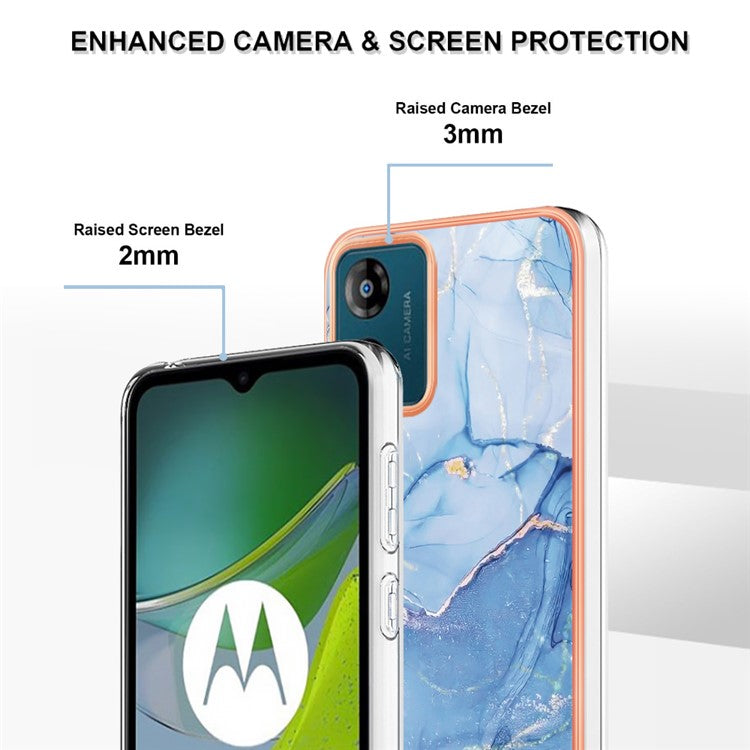 TPU Phone Case for Motorola Moto E13 4G , YB IMD Series-16 Style E Marble Pattern 2.0mm Electroplating IMD Phone Cover - Blue