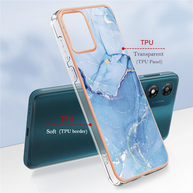 TPU Phone Case for Motorola Moto E13 4G , YB IMD Series-16 Style E Marble Pattern 2.0mm Electroplating IMD Phone Cover - Blue