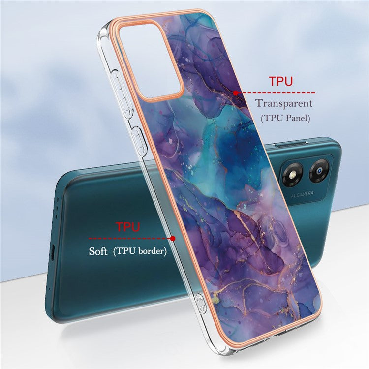 TPU Phone Case for Motorola Moto E13 4G , YB IMD Series-16 Style E Marble Pattern 2.0mm Electroplating IMD Phone Cover - Purple