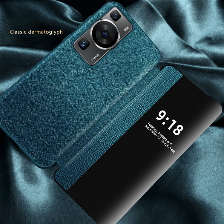 For Huawei P60 Anti-Drop Case View Window PU Leather Flip Cover TPU Acrylic Phone Case - Blue