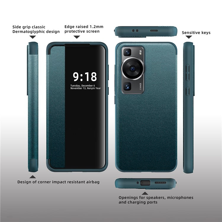 For Huawei P60 Anti-Drop Case View Window PU Leather Flip Cover TPU Acrylic Phone Case - Blue
