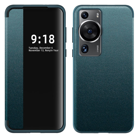 Anti-Fall Phone Case for Huawei P60 Pro View Window Flip Cover PU Leather TPU Acrylic Phone Protector - Blue