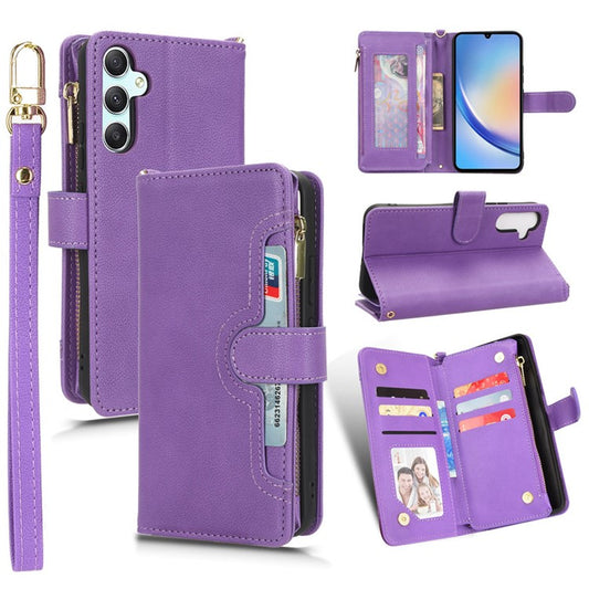 For Samsung Galaxy A34 5G Zipper Pocket Phone Wallet Case Cellphone Cover with 2 Straps - Purple