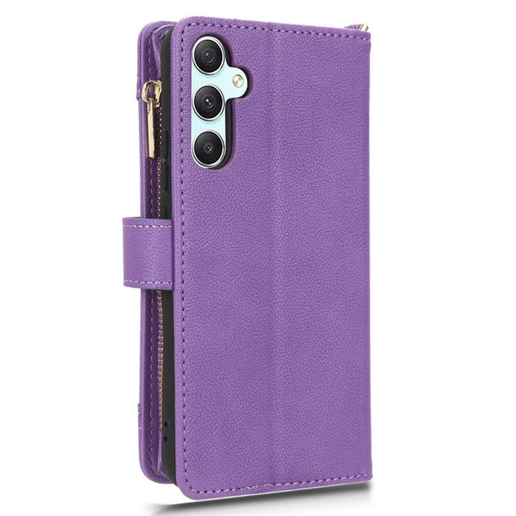 For Samsung Galaxy A34 5G Zipper Pocket Phone Wallet Case Cellphone Cover with 2 Straps - Purple