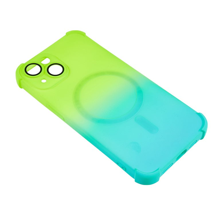 Magnetic Case for iPhone 14 Plus , Gradient Dual Color Phone TPU Cover with Glass Lens Protector - Green + Blue