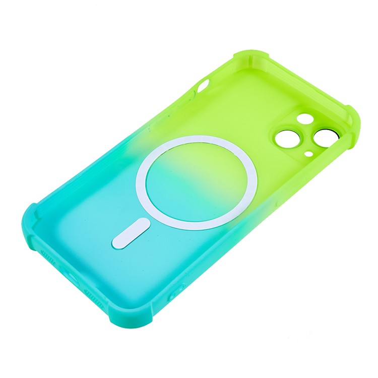 Magnetic Case for iPhone 14 Plus , Gradient Dual Color Phone TPU Cover with Glass Lens Protector - Green + Blue